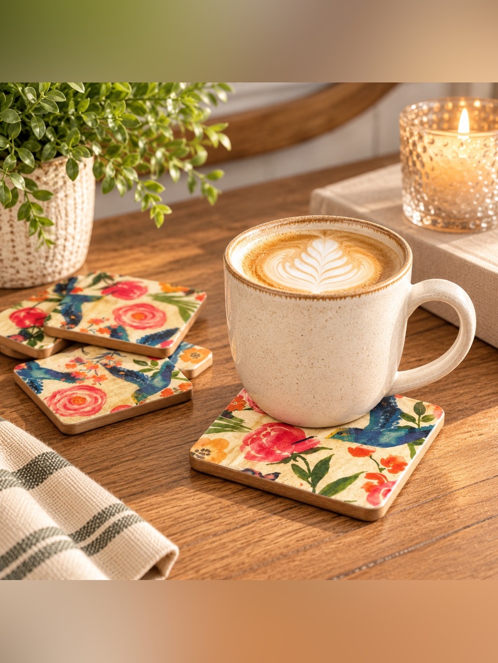 Hummingbird Floral Decoupage Wood Coaster Set of 4